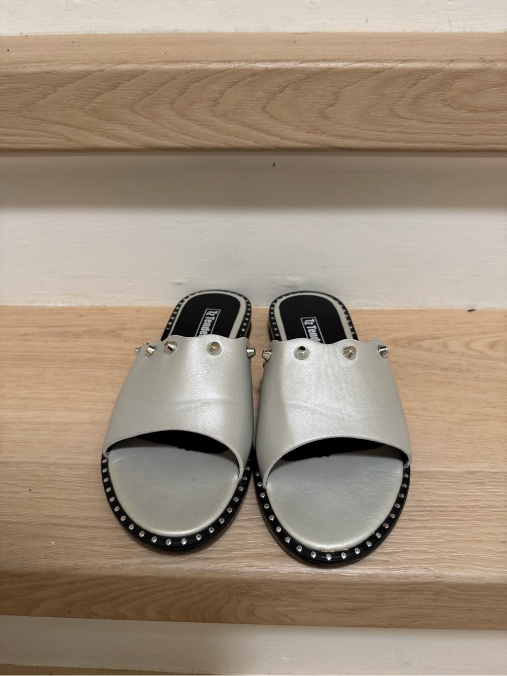 Stud-Trim Silver Slide Sandals